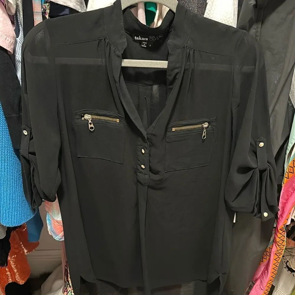 Takara sheer black blouse with buttons and zippers sz Small